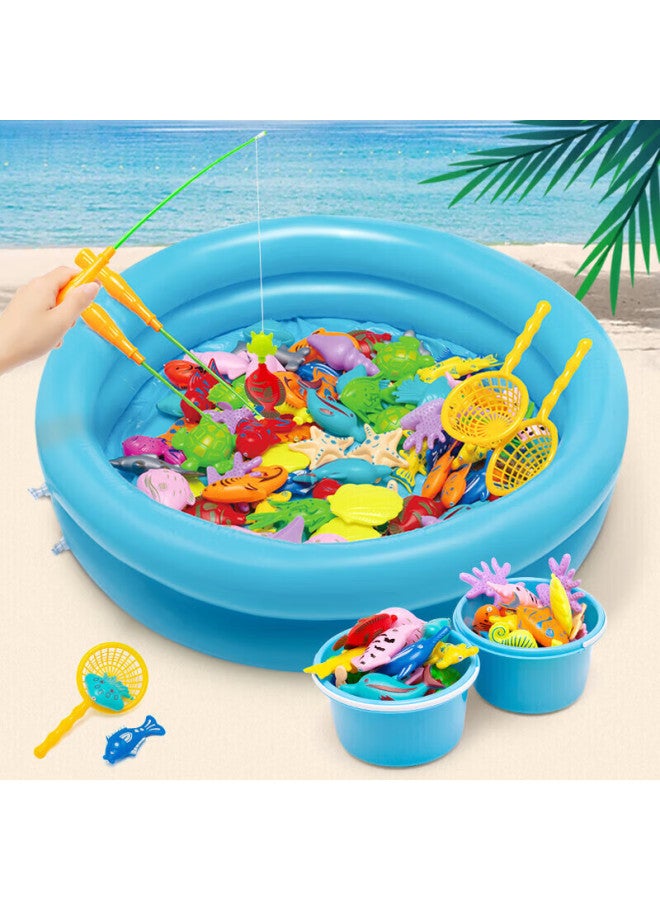 Babamama Dad Mom Fishing Toy, Fishing Pond, Children's Magnetic Fishing Rod, Can Be Filled With Water, Fishing Platform With Inflatable Bed, Fish Catching Toy, 50-piece Set - Image 1
