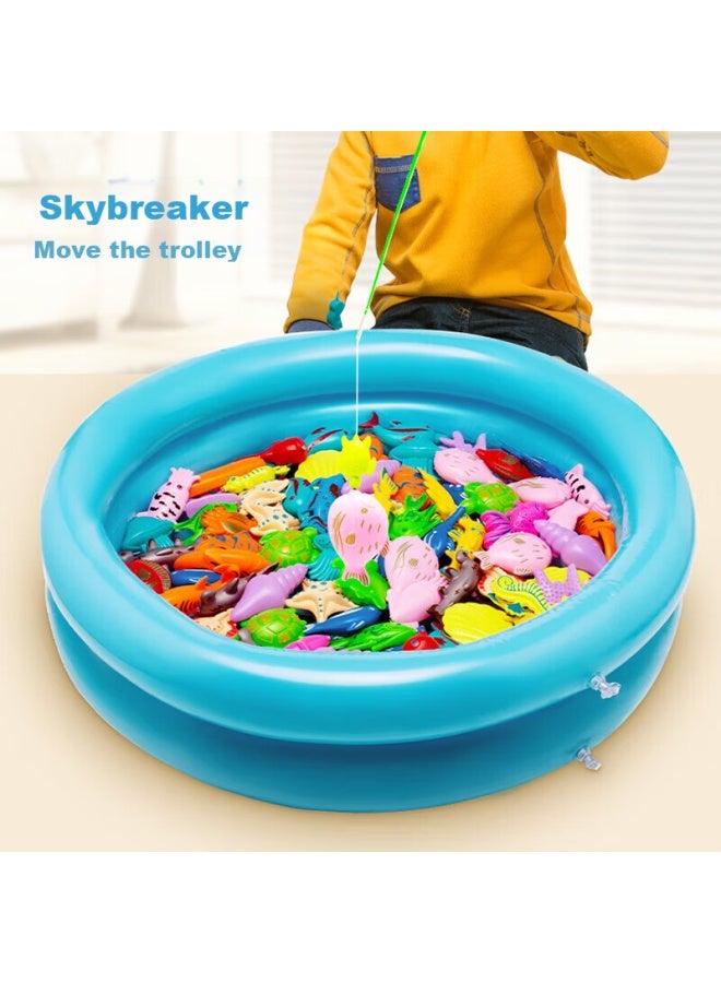 Babamama Dad Mom Fishing Toy, Fishing Pond, Children's Magnetic Fishing Rod, Can Be Filled With Water, Fishing Platform With Inflatable Bed, Fish Catching Toy, 50-piece Set - Image 2