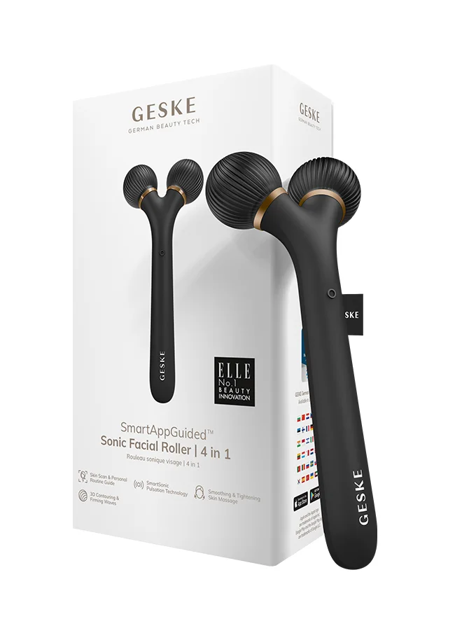 GESKE SmartAppGuided Sonic Facial Roller | 4 in 1 | Facial Dermasmooth Stimulator | Derma Roll | Professional Facial Roller | Derma Roller for Skincare and Beauty Routine | Smooth Skin - Gray