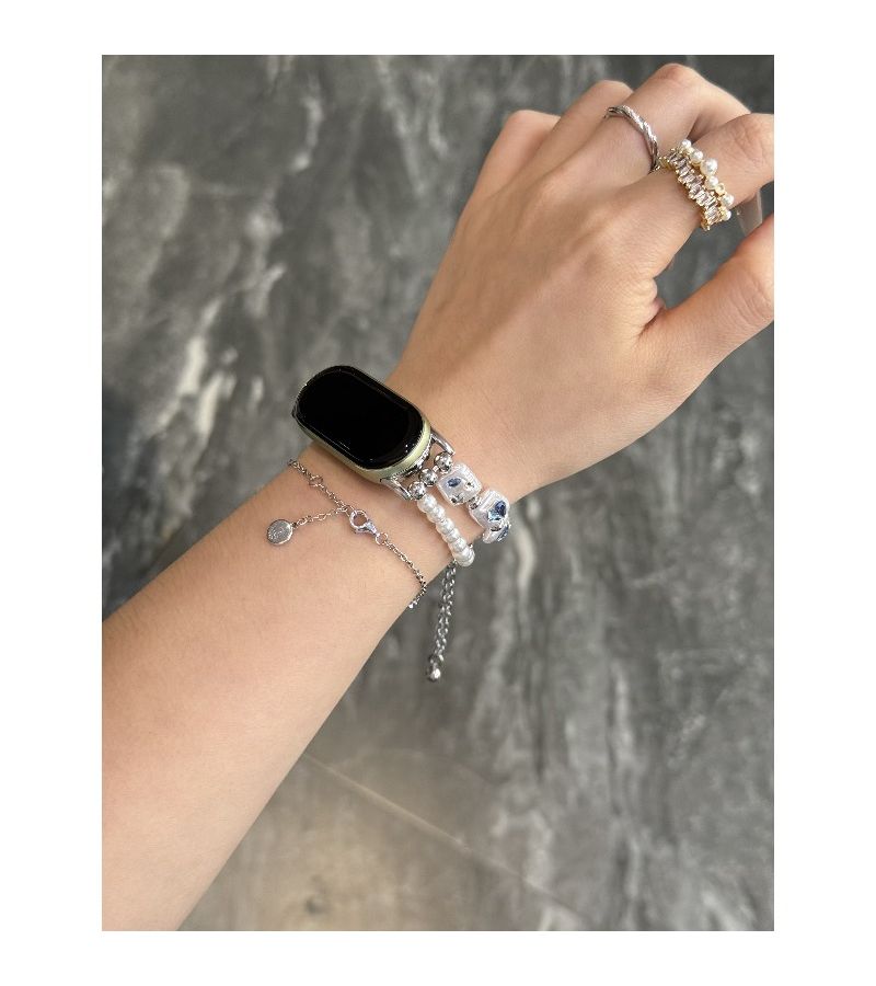 سوار أبيض وذهبي من سلسلة مزدوجة مع لؤلؤ لساعة Mi Band 8 Pro 9 Pro 10 NFC - Image 4