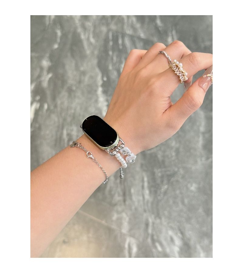 سوار أبيض وذهبي من سلسلة مزدوجة مع لؤلؤ لساعة Mi Band 8 Pro 9 Pro 10 NFC - Image 1