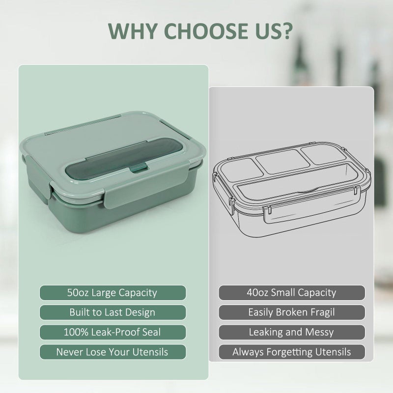 Caperci Bento Box Adult - 50 oz Large Lunch Containers for Adults and Teens, 4-Compartment Bento Lunch Box with Utensils & Leak Proof Sauce Cup, Dishwasher Safe, Durable, BPA-Free (Khaki Green) - Image 4