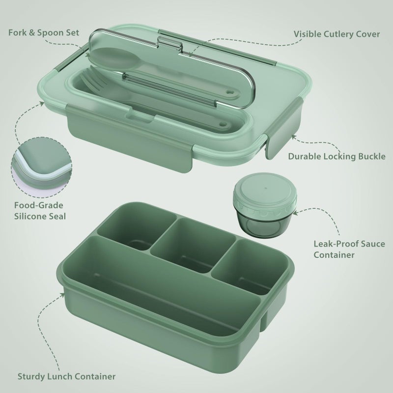 Caperci Bento Box Adult - 50 oz Large Lunch Containers for Adults and Teens, 4-Compartment Bento Lunch Box with Utensils & Leak Proof Sauce Cup, Dishwasher Safe, Durable, BPA-Free (Khaki Green) - Image 5