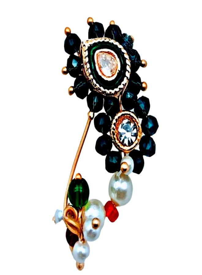 SWAMI- Nath Nose Ring (Press)/NOSE PIN green crystal nath Pearl Stone Diamond, Traditional Maharashtrian Pressing clip on Wedding Bridal Latest, Stylish For Women, Girls - Image 1