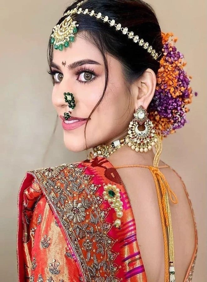 SWAMI- Nath Nose Ring (Press)/NOSE PIN green crystal nath Pearl Stone Diamond, Traditional Maharashtrian Pressing clip on Wedding Bridal Latest, Stylish For Women, Girls - Image 2
