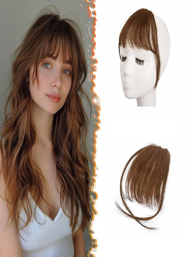 BARSDAR Medium Brown Clip in Bangs Real Human Hair - 100% Human Hair Clip in Bangs for Women - Medium Brown Wispy Bang Extensions Real Hair Fringe with Temples Hairpieces - Image 1