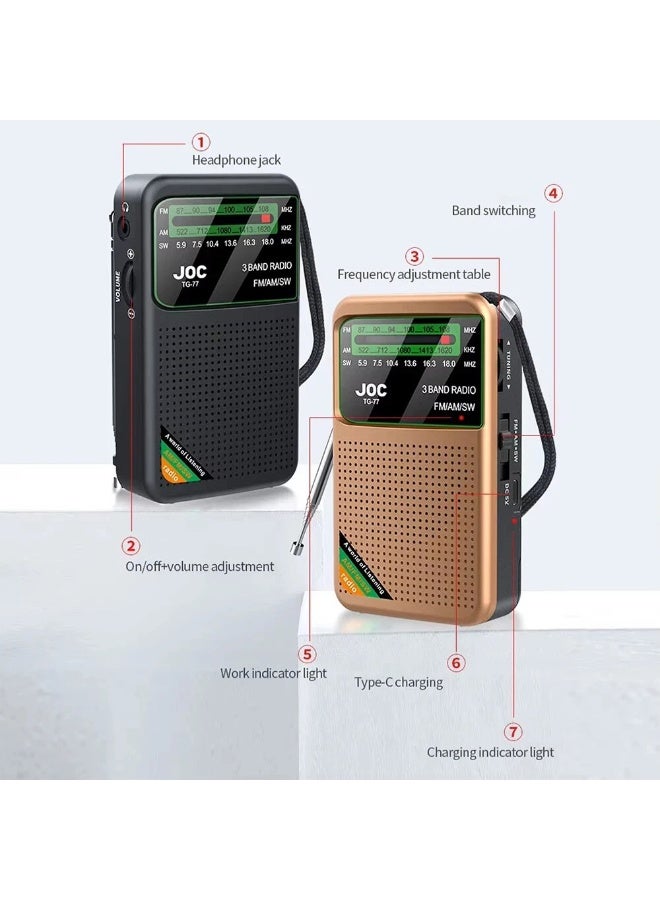 جوك راديو جيب للطوارئ FM AM SW راديو مدمج بمكبر صوت راديو ترانزستور من النوع C مشغل راديو قابل لإعادة الشحن للمنزل والمشي لكبار السن - Image 3
