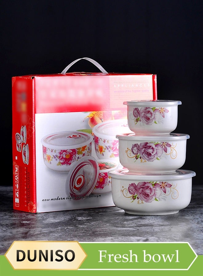 DUNISO 3 PCS preservation bowl set，Ceramic bowl with lid，Thickened ice bowls，Soup bowls,Food storage containers with floral patterns and lids, Large bowl with 16cm，Medium bowl with 13.5cm，Small bowl with 10.5cm，Used for storing fruits, vegetables, daily kitchen food  - Image 1
