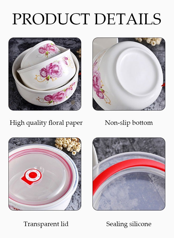 DUNISO 3 PCS preservation bowl set，Ceramic bowl with lid，Thickened ice bowls，Soup bowls,Food storage containers with floral patterns and lids, Large bowl with 16cm，Medium bowl with 13.5cm，Small bowl with 10.5cm，Used for storing fruits, vegetables, daily kitchen food  - Image 3