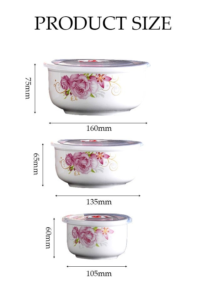 DUNISO 3 PCS preservation bowl set，Ceramic bowl with lid，Thickened ice bowls，Soup bowls,Food storage containers with floral patterns and lids, Large bowl with 16cm，Medium bowl with 13.5cm，Small bowl with 10.5cm，Used for storing fruits, vegetables, daily kitchen food  - Image 2