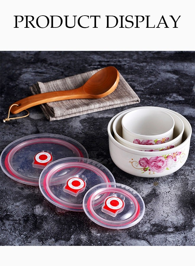 DUNISO 3 PCS preservation bowl set，Ceramic bowl with lid，Thickened ice bowls，Soup bowls,Food storage containers with floral patterns and lids, Large bowl with 16cm，Medium bowl with 13.5cm，Small bowl with 10.5cm，Used for storing fruits, vegetables, daily kitchen food  - Image 4