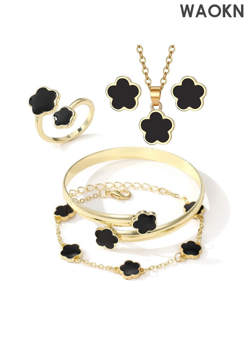 WAOKN Huge 6pcs Shiny Flower Lucky Jewelry Set with Shiny Earrings, Necklace, Bracelet and Ring for Women Trendy and Trendy Alloy Set, Perfect for Gift for Women, Dating, Vacation Gift, Daily Matching - Image 5