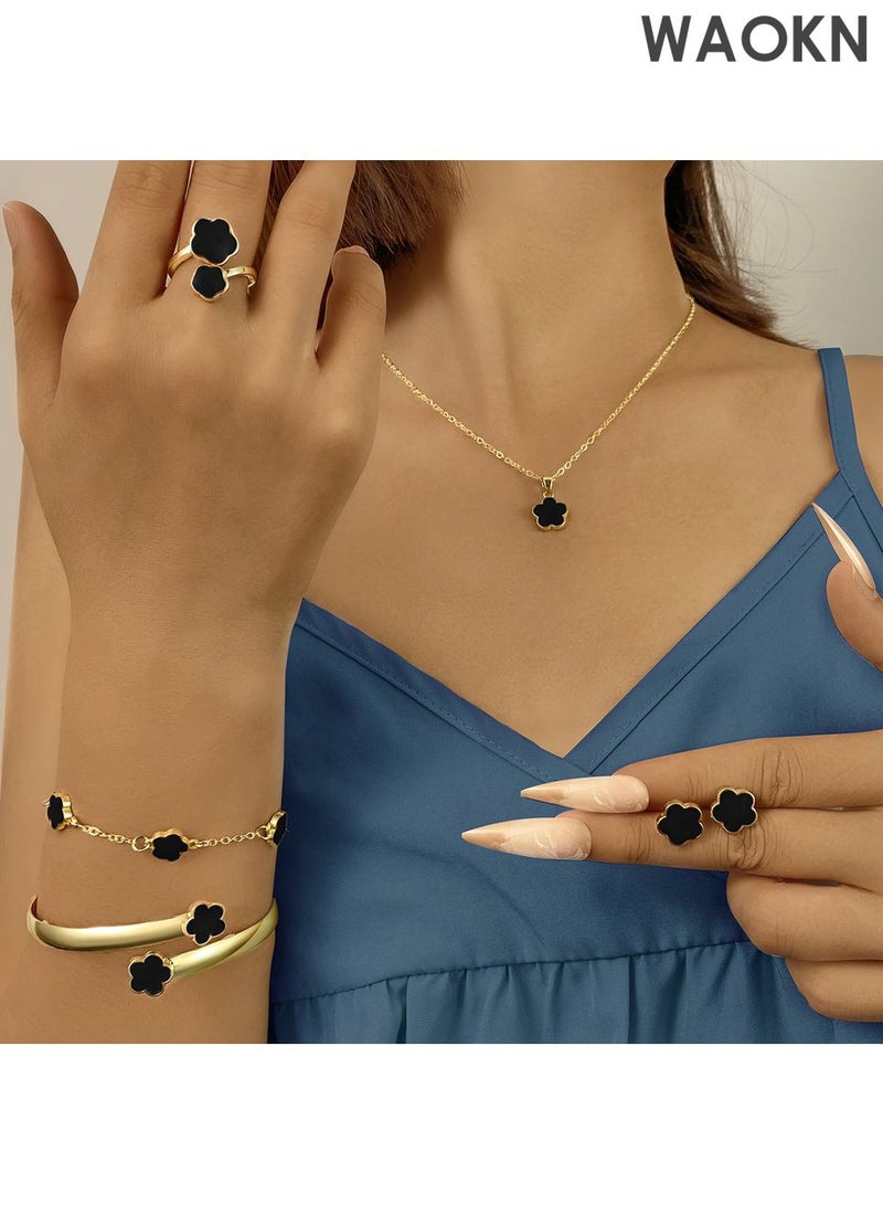 WAOKN Huge 6pcs Shiny Flower Lucky Jewelry Set with Shiny Earrings, Necklace, Bracelet and Ring for Women Trendy and Trendy Alloy Set, Perfect for Gift for Women, Dating, Vacation Gift, Daily Matching - Image 2