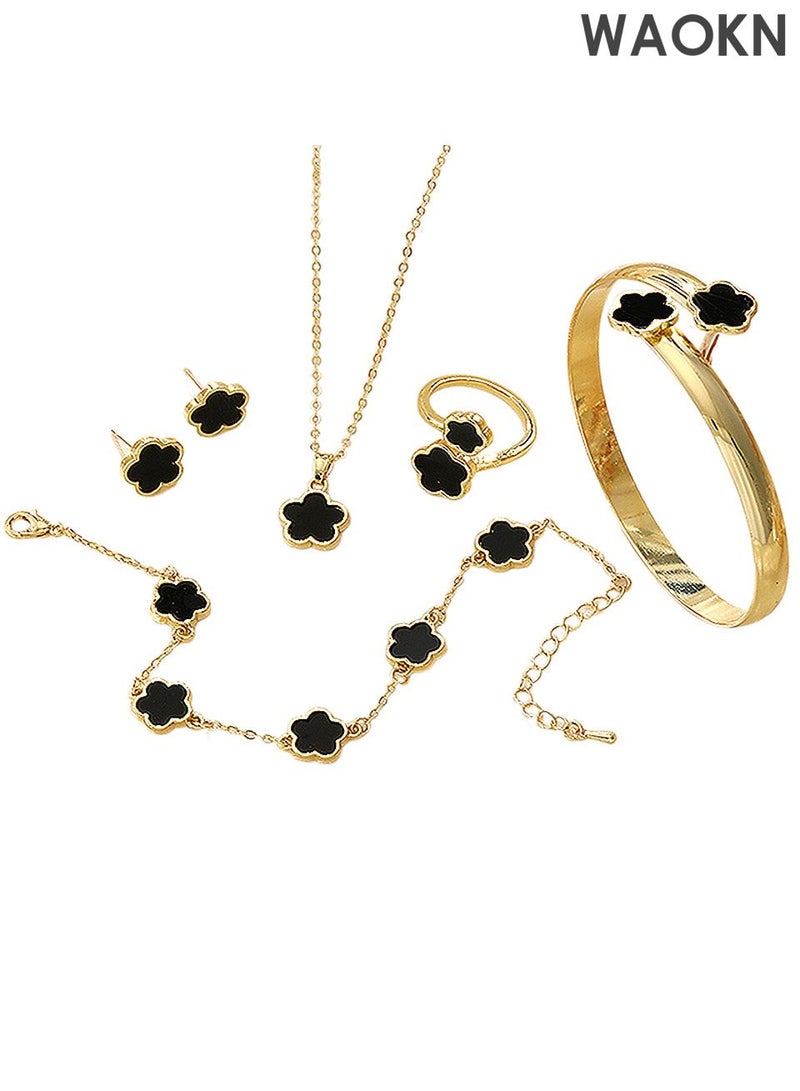 WAOKN Huge 6pcs Shiny Flower Lucky Jewelry Set with Shiny Earrings, Necklace, Bracelet and Ring for Women Trendy and Trendy Alloy Set, Perfect for Gift for Women, Dating, Vacation Gift, Daily Matching - Image 1