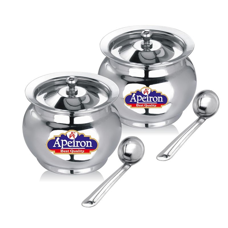 Apeiron Stainless Steel Kalash Shape GheeOil Pot with Spoon and Lid 250 ml Steel Utility Container Pack of 2