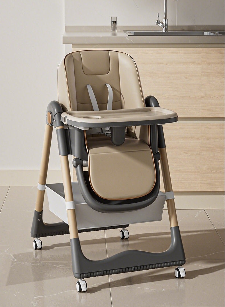 EXCLIFE 3-in-1 child feeding booster seat, adjustable height and seat angle, with wheels, storage basket, tray, footrest, suitable for children from 6 months to 4 years old, brown - Image 2