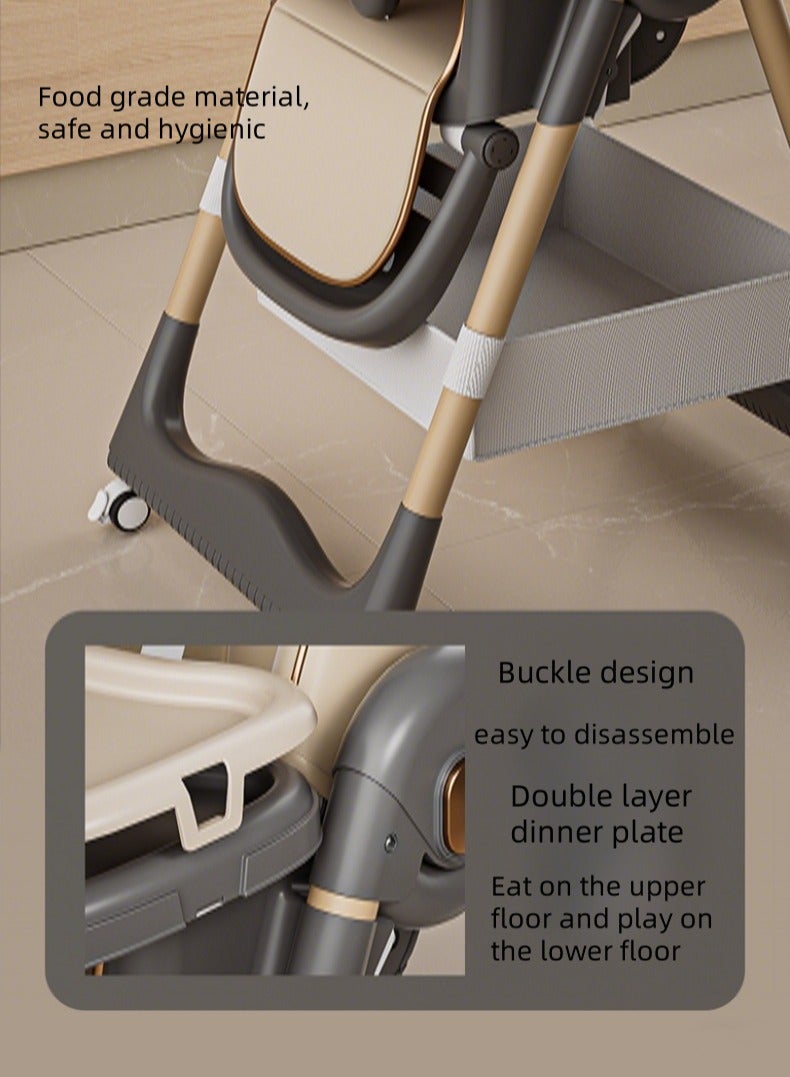 EXCLIFE 3-in-1 child feeding booster seat, adjustable height and seat angle, with wheels, storage basket, tray, footrest, suitable for children from 6 months to 4 years old, brown - Image 4