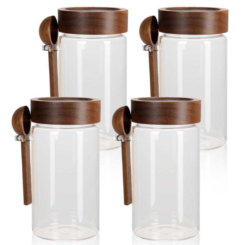 MOLADRI 18 oz/550 ml Glass Storage Canister with Airtight Wooden Lid, Clear Small Decorative Container Jar with Spoon for Salad Overnight Oats Snacks Yogurt Cereal Fruit Spice Sugar Coffee - 4 Pack - Image 1
