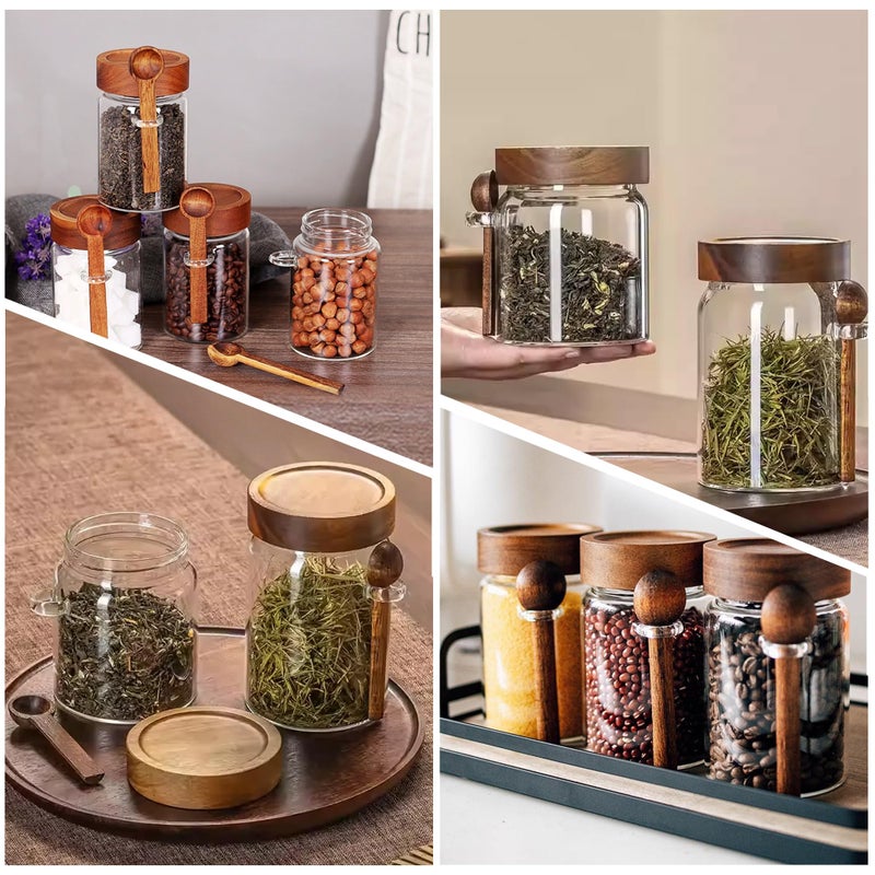MOLADRI 18 oz/550 ml Glass Storage Canister with Airtight Wooden Lid, Clear Small Decorative Container Jar with Spoon for Salad Overnight Oats Snacks Yogurt Cereal Fruit Spice Sugar Coffee - 4 Pack - Image 5