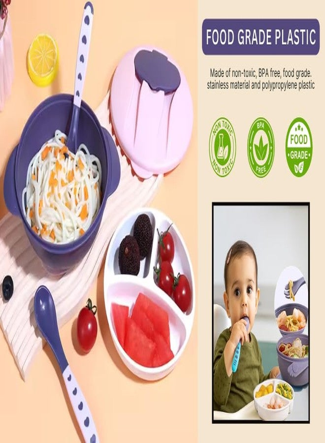 طقم أوعية تغذية الأطفال CRADLEVE المدمج 3 في 1 مع غطاء وملعقة وشوكة، طقم أوعية للأطفال - خالٍ من مادة BPA | طقم أدوات مائدة للأطفال - ناعم للمرحلة الأولى من التغذية | طقم أوعية للأطفال الرضع والأطفال. (أزرق) - Image 3