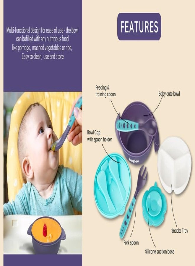 طقم أوعية تغذية الأطفال CRADLEVE المدمج 3 في 1 مع غطاء وملعقة وشوكة، طقم أوعية للأطفال - خالٍ من مادة BPA | طقم أدوات مائدة للأطفال - ناعم للمرحلة الأولى من التغذية | طقم أوعية للأطفال الرضع والأطفال. (أزرق) - Image 5