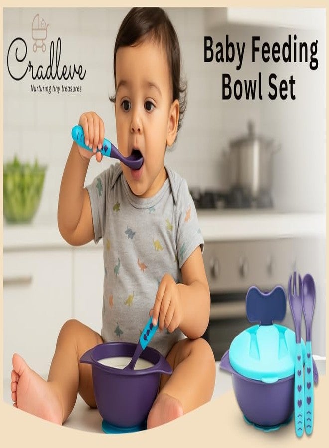 طقم أوعية تغذية الأطفال CRADLEVE المدمج 3 في 1 مع غطاء وملعقة وشوكة، طقم أوعية للأطفال - خالٍ من مادة BPA | طقم أدوات مائدة للأطفال - ناعم للمرحلة الأولى من التغذية | طقم أوعية للأطفال الرضع والأطفال. (أزرق) - Image 2