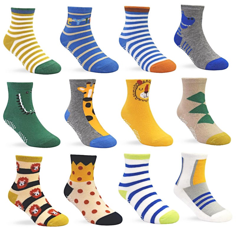 Tphon Toddler Socks, Baby Non Slip Socks for Boys Girls 12 Pairs Kids Infants Children Sock 5-7 Years - Image 1