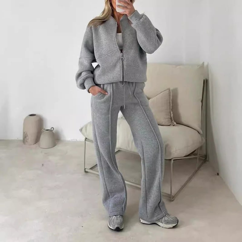 Women's Solid Color Long Sleeve Zip-Up Hoodie Tracksuit Set - Image 2