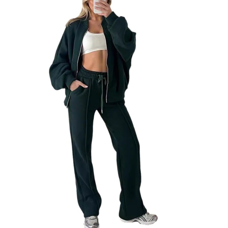 Women's Solid Color Long Sleeve Zip-Up Hoodie Tracksuit Set - Image 5