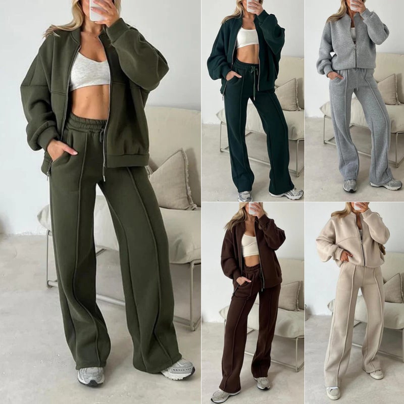 Women's Solid Color Long Sleeve Zip-Up Hoodie Tracksuit Set - Image 1