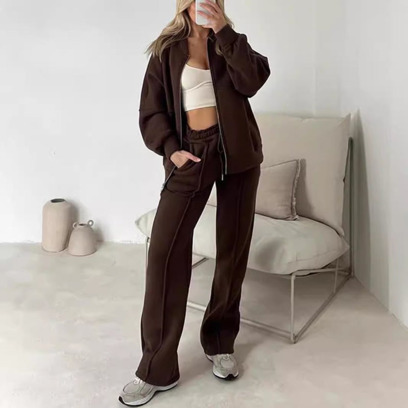 Women's Solid Color Long Sleeve Zip-Up Hoodie Tracksuit Set - Image 3