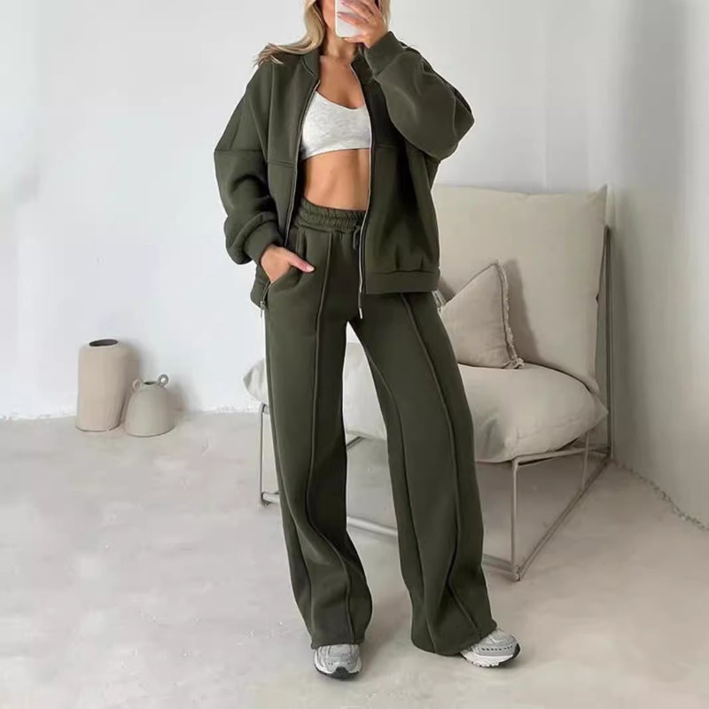 Women's Solid Color Long Sleeve Zip-Up Hoodie Tracksuit Set - Image 4