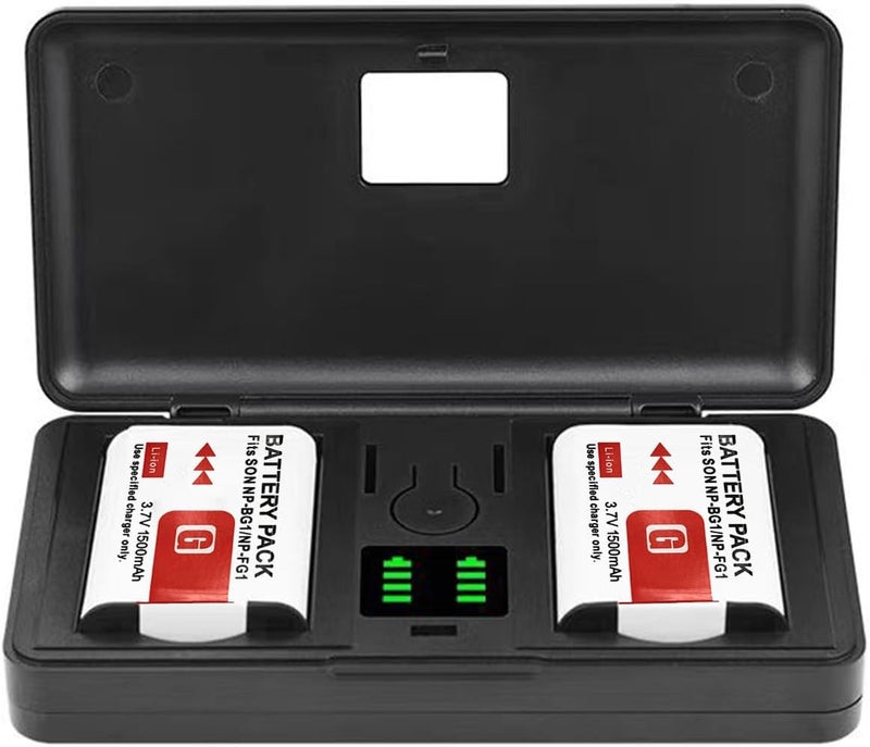 شاحن بطارية NP-BG1 (1500 مللي أمبير) (يشمل بطاريات المقطورة)، متوافق مع سوني T100 وH50 وW300 وW55 وW70 وW80 وDSC-N1 وT2 وH9 وH10 وH20 وHX5C وWX1 وT20 وH70 وHX30V وHX7V - Image 1