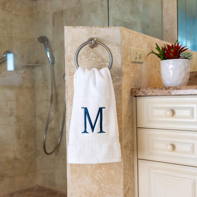 Decorvo Monogrammed Hand Towels for Bathroom - Luxury Hotel Quality Personalized Initial Decorative Embroidered Bath Towel for Powder Room, Spa - GOTS Organic Certified - Set of 2 Navy Letter M - Image 5