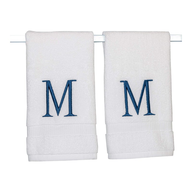 Decorvo Monogrammed Hand Towels for Bathroom - Luxury Hotel Quality Personalized Initial Decorative Embroidered Bath Towel for Powder Room, Spa - GOTS Organic Certified - Set of 2 Navy Letter M - Image 1