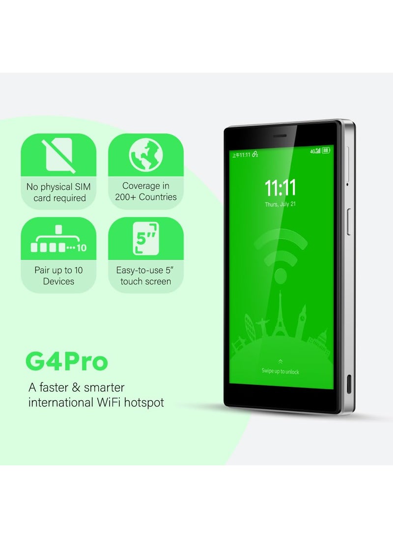 GlocalMe GlocalMe G4 Pro 4G LTE Mobile Hotspot with Global 1GB Data, Portable WiFi Hotspot for Travel in 200+ Countries, 5" Touch Screen Hotspot Device, No SIM Card Needed, 10 Connected Devices(G4 Pro Black)  - Image 2