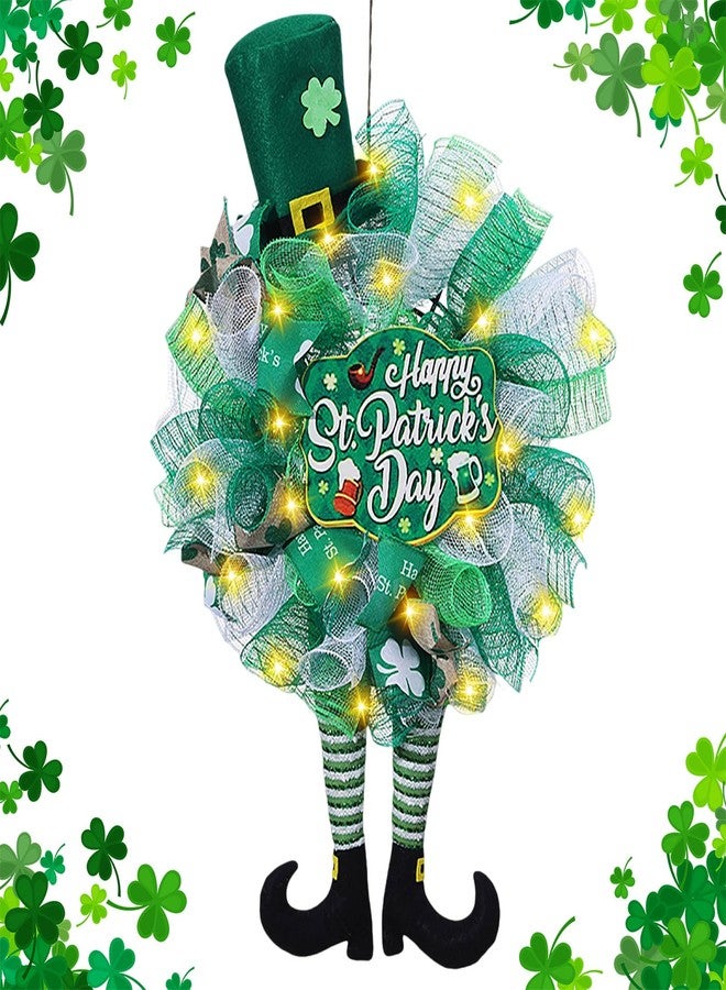Tirdkid St. Patrick's Day Wreath for Front Door with Lights, 25 Inch St Patricks Day Mesh Wreath for Front Door Farmhouse Spring Saint Patty's Day Decorations Party Supplies (Green) - Image 1