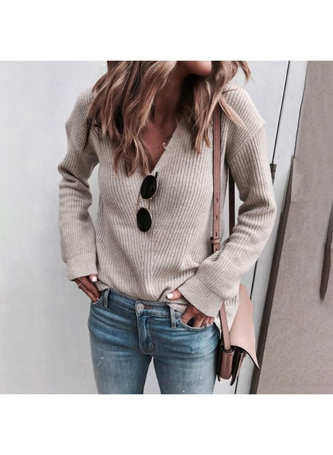 NIBEMINENT Autumn fashion casual women's V-neck long-sleeved loose solid color knitted top - Image 1