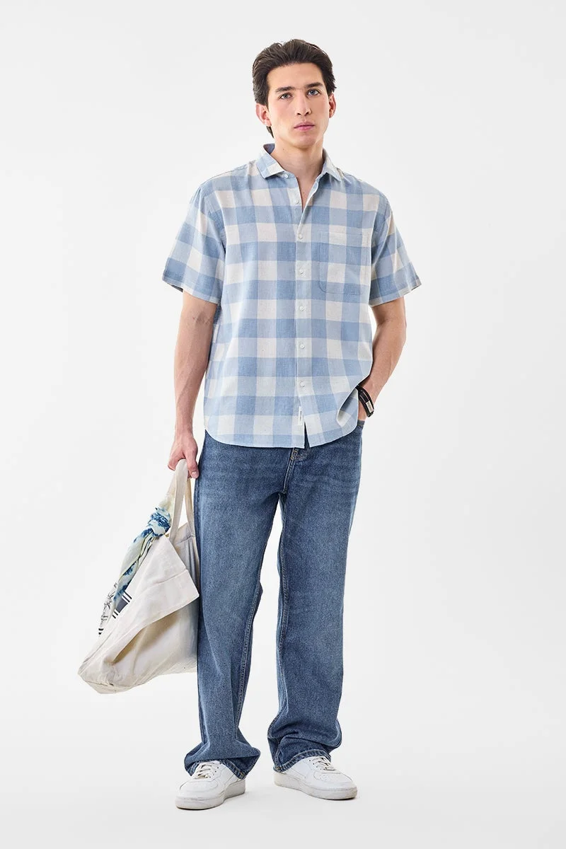 SNITCH Light Blue Checkered Half Sleeve Regular Fit Shirt