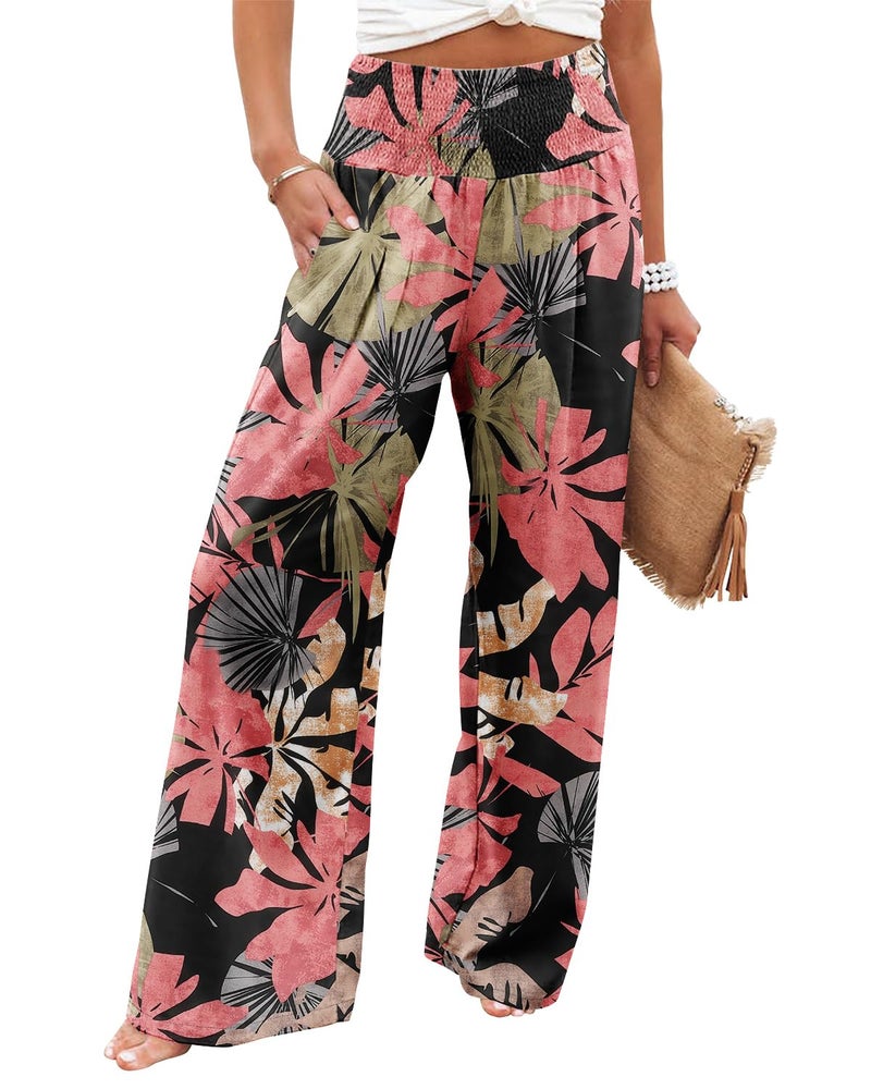 Angerella Floral Pants for Women High Waisted Business Casual Wide Leg Pants Work Pants Loose Flowy Summer Beach Pants BlackCoral XL - Image 1