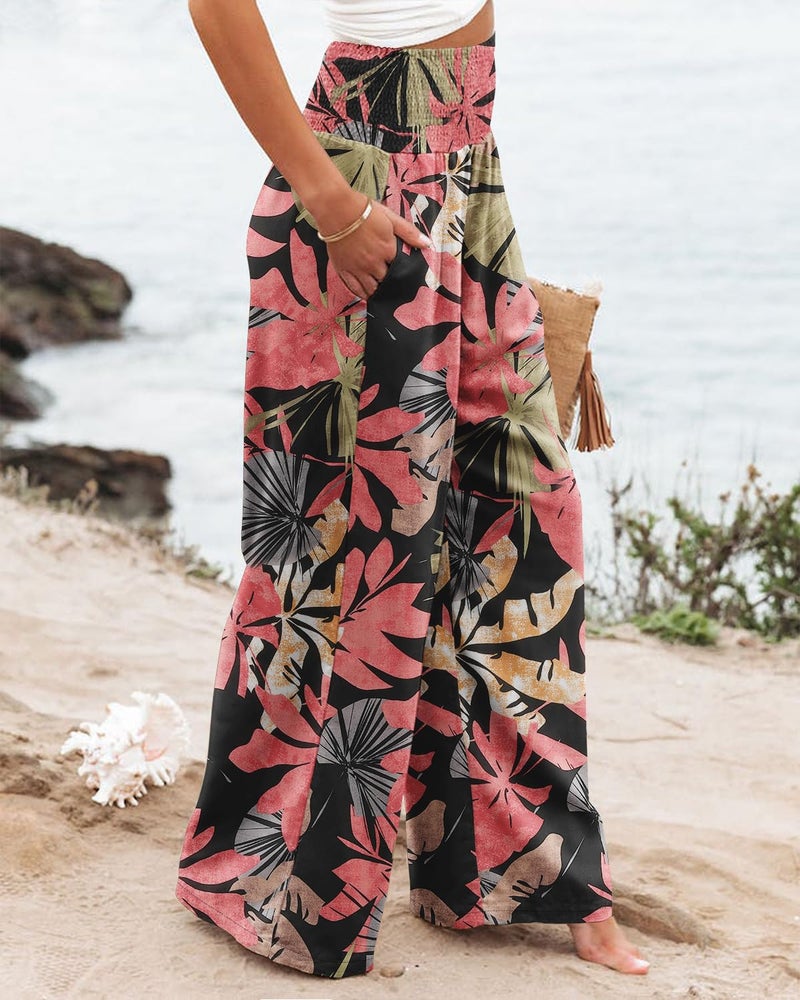 Angerella Floral Pants for Women High Waisted Business Casual Wide Leg Pants Work Pants Loose Flowy Summer Beach Pants BlackCoral XL - Image 4