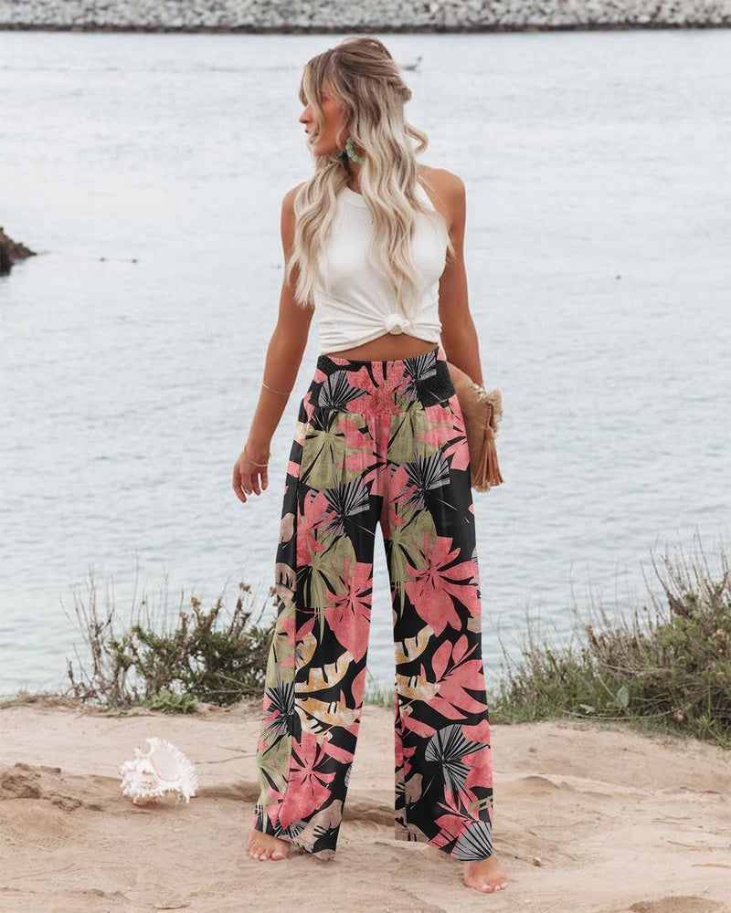 Angerella Floral Pants for Women High Waisted Business Casual Wide Leg Pants Work Pants Loose Flowy Summer Beach Pants BlackCoral XL - Image 2