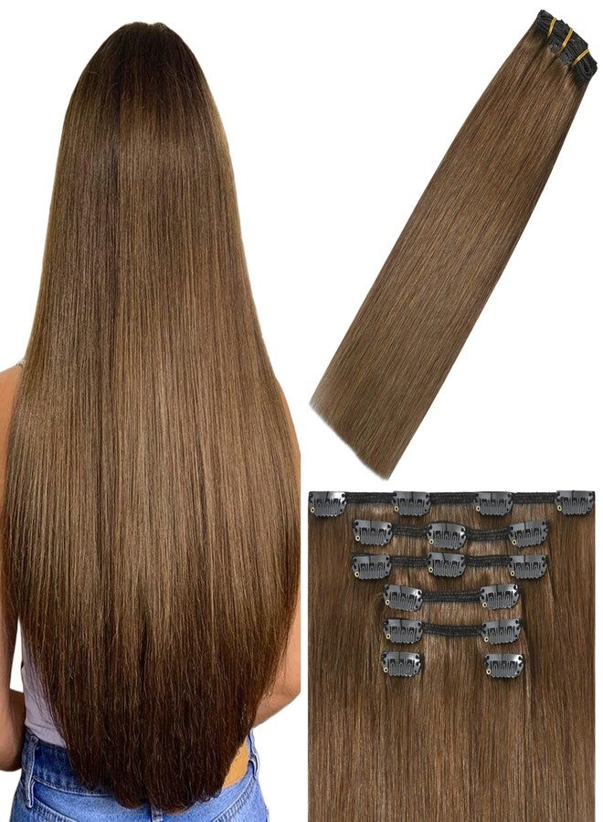 WindTouch Clip In Hair Extensions Real Human Hair Light Brown Extensions 18Inch 75g 7Pcs Human Hair Clip in Extensions #6 Chestnut Brown Hair Extensions for Women - Image 1