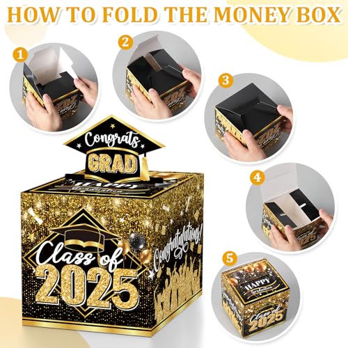 Sereliy Graduation Money Box for Cash Gift Pull, Black Gold Money Pull Box Gift 2025 Grad Suprise, Funny Graduation Party Gift Pull Money Cash, Graduation Money Holder for Cash with Pull Out Card DIY Set - Image 3