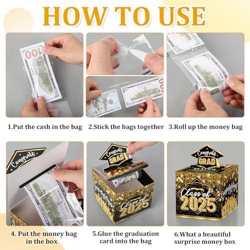 Sereliy Graduation Money Box for Cash Gift Pull, Black Gold Money Pull Box Gift 2025 Grad Suprise, Funny Graduation Party Gift Pull Money Cash, Graduation Money Holder for Cash with Pull Out Card DIY Set - Image 4