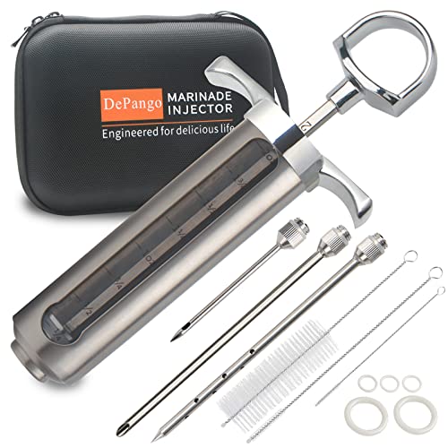 DePango Meat Injector, Stainless Steel Marinade Injector Flavor Syringe Kit with 2-oz Measurement Window for Smoker Food BBQ Grill, Cooking Turkey Chicken Steak Beef Brisket Pork-Chops, 3 Meat Needles - Image 1
