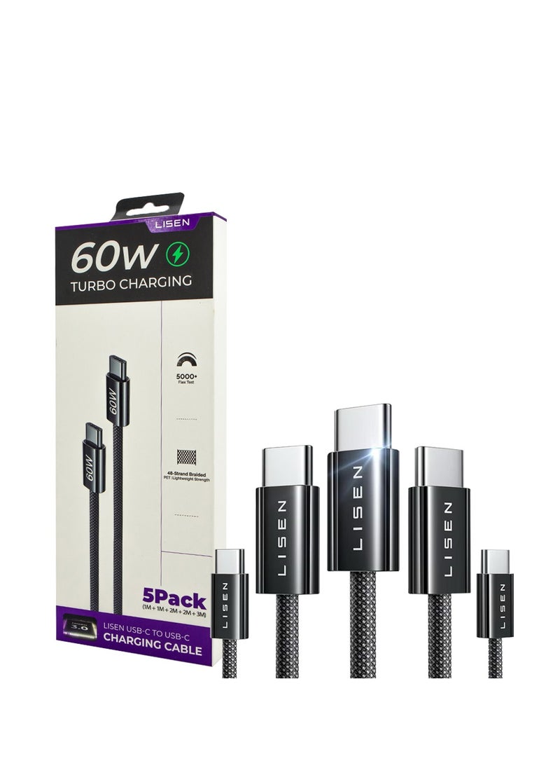 Lisen 60W USB-C to USB-C Cable ( 5-Pack ) Fast Charging & Data Transfer 48 Strand Cotton Yarn Braid LISEN  - Image 4