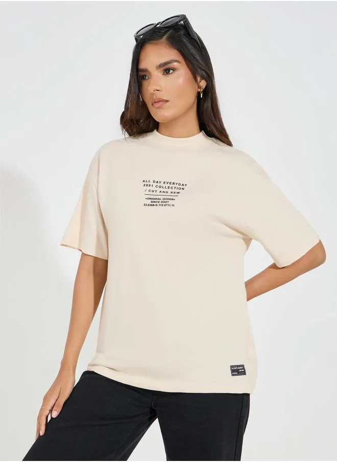 Styli Cotton Jersey Slogan Print Crew Neck T-Shirt