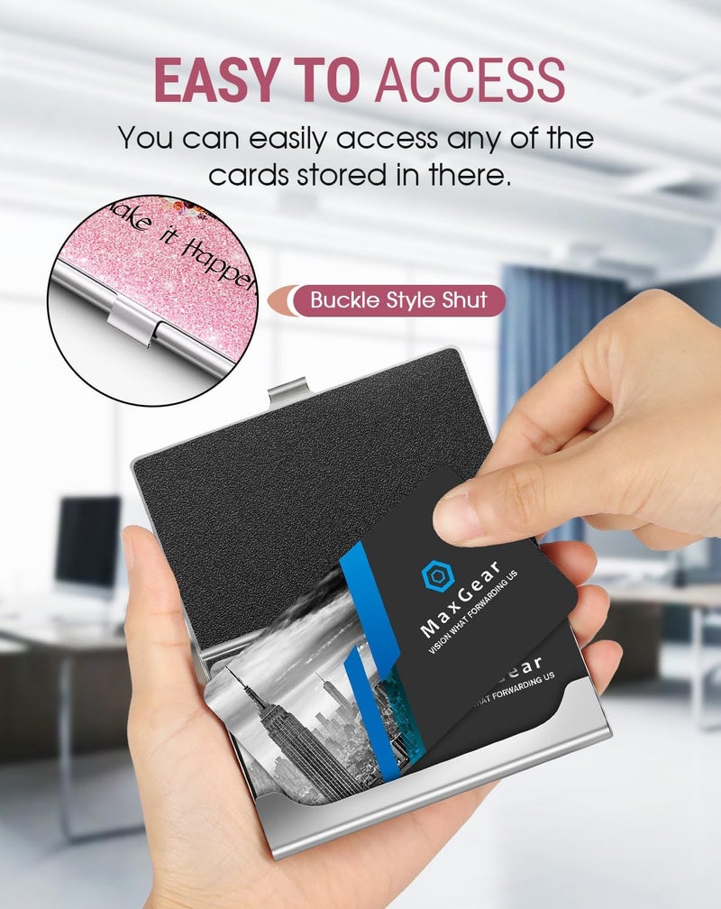 MaxGear Metal Business Card Holder for Men & Women, Professional Stainless Steel Card Case for Business Cards, Slim Purse Name Cards Holders Wallet with Interior Lining, Buckle Style Shut, Pink - Image 2