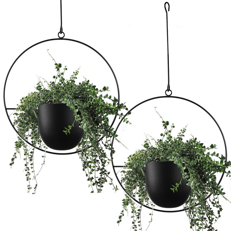 ABETREE 2 Pcs Hanging Planters for Indoor and Outdoor Plants with Hooks and Chains Metal Modern Wall Ceiling Planter Hangers Minimalist Flower Pot Holder Basket for Home DecorBlack